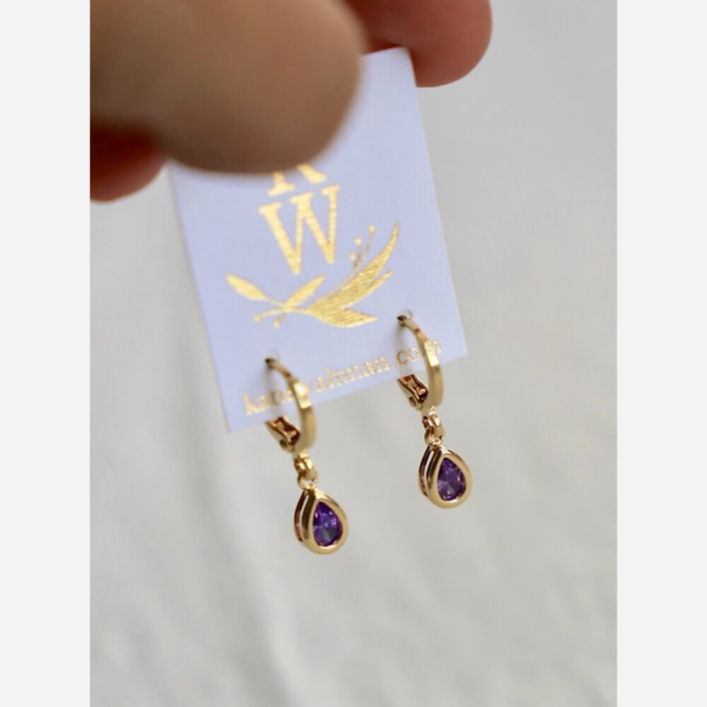 February Birthstone Huggies – Amethyst Teardrop Charm